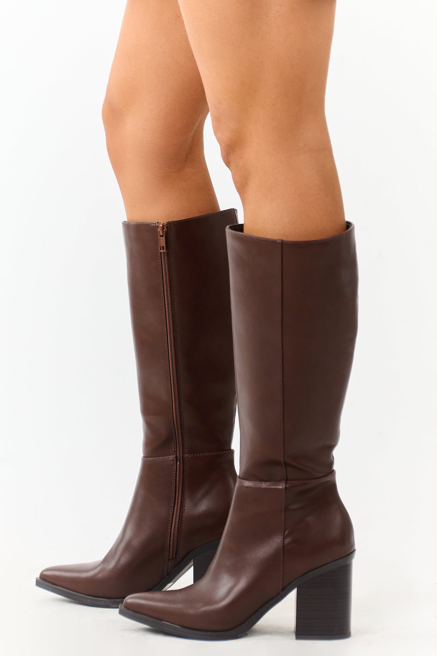 Chocolate Faux Leather Pointed Toe Tall Boots