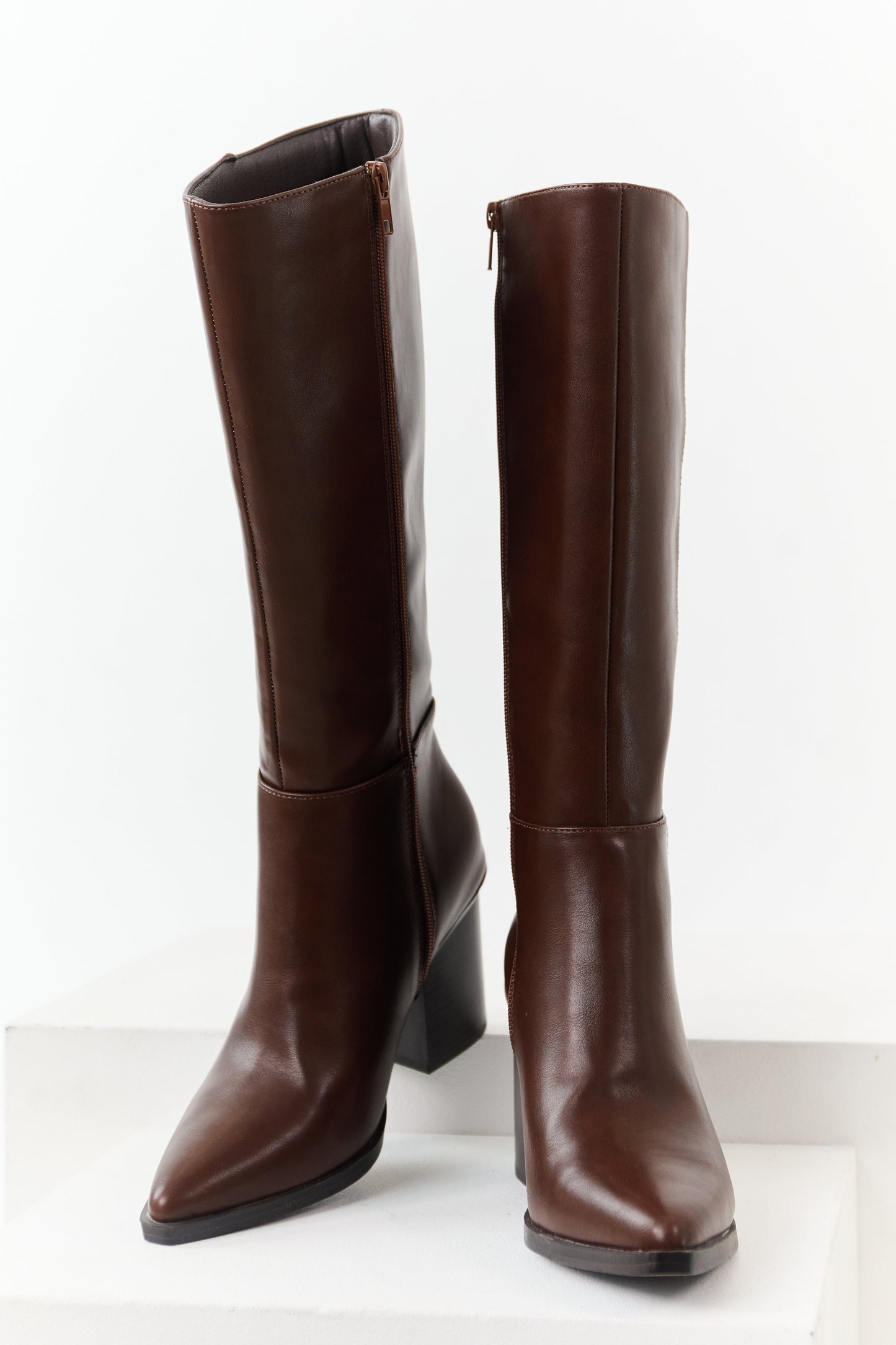 Chocolate Faux Leather Pointed Toe Tall Boots