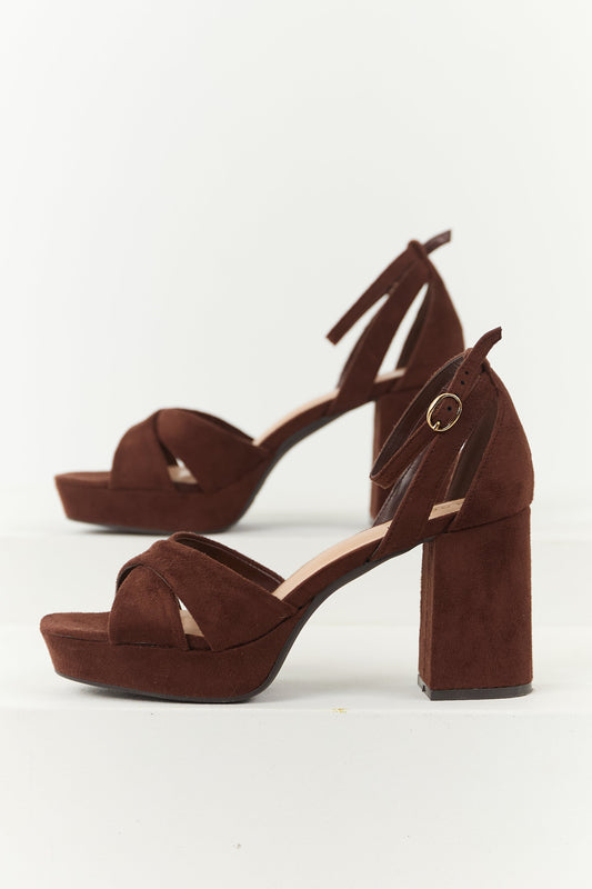 Chocolate Open Toe Strappy Platform Block Heels