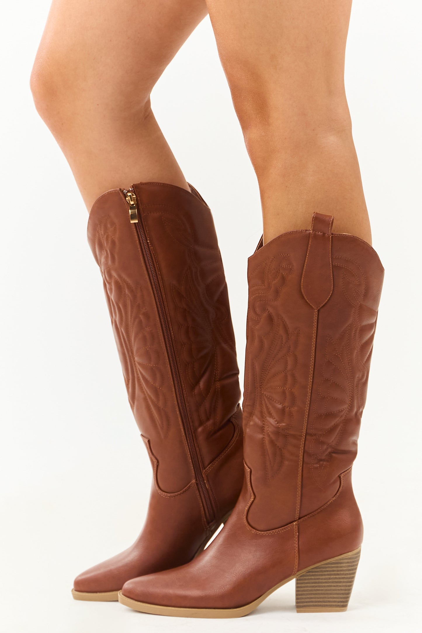 Cinnamon Faux Leather Tall Block Heel Cowboy Boots