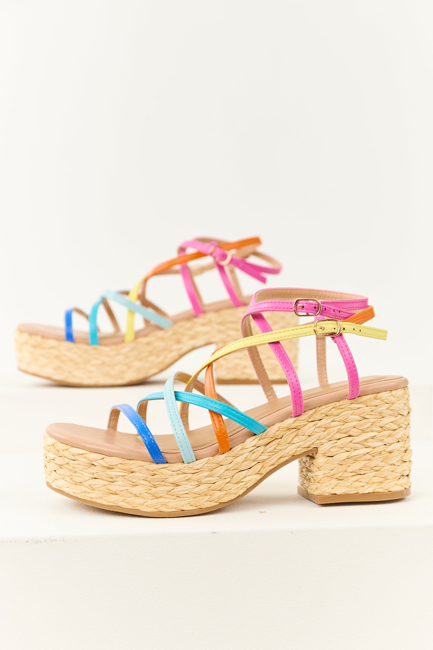 Colorful Strappy Espadrille Raffia Platform Heels