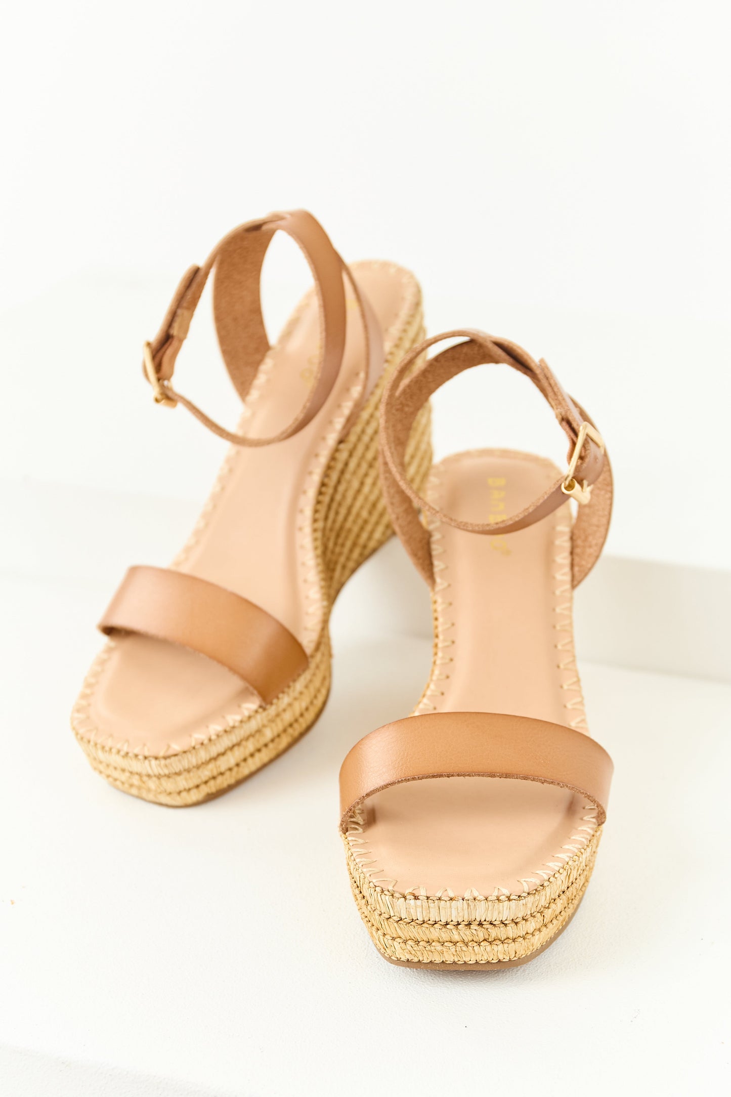 Copper Strap Open Toe Raffia Platform Wedges
