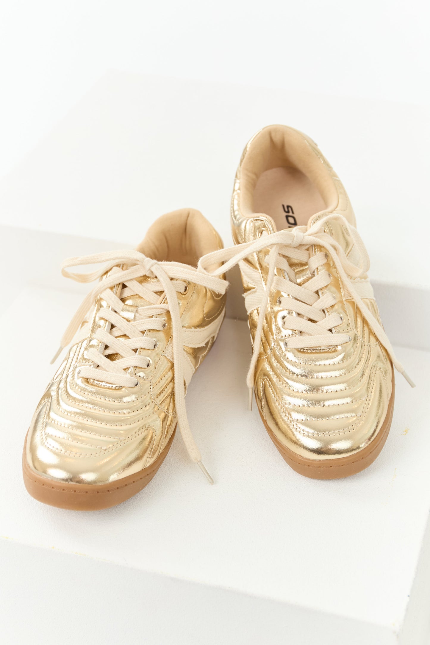 Gold Faux Leather Lace Up Low Top Sneakers