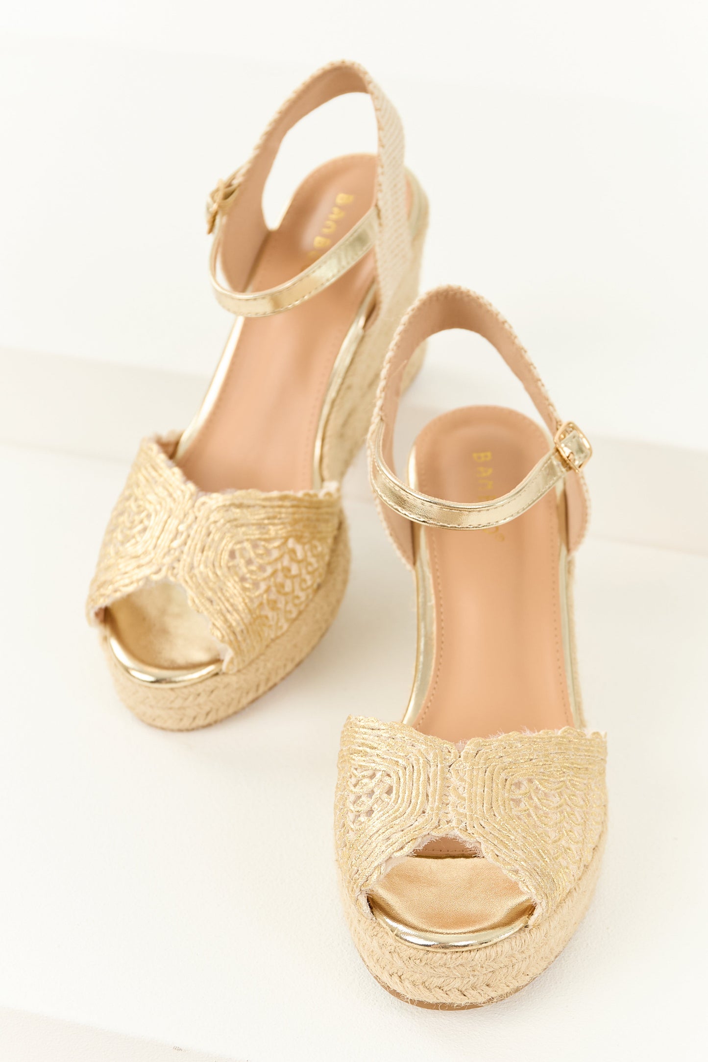 Gold Metallic Coated Crochet Strap Espadrille Wedges