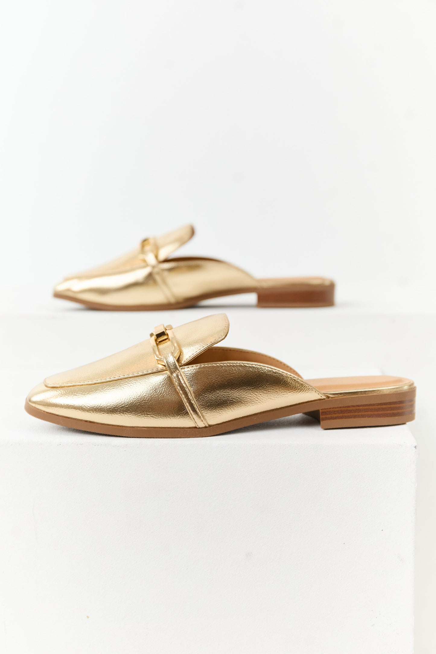 Gold Metallic Faux Leather Chain Link Mule Flats