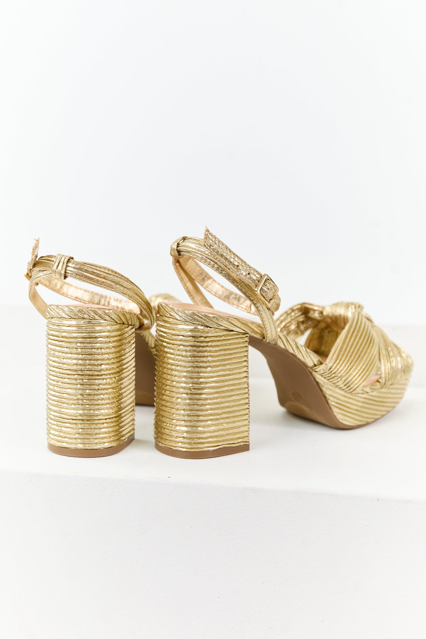 Gold Metallic Ribbed Knot Strap Platform Block Heels