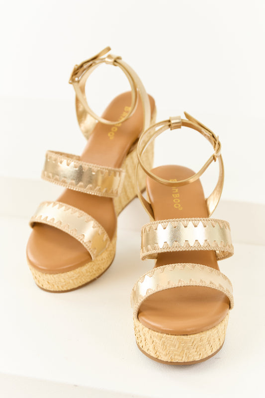 Gold Strappy Open Round Toe Raffia Platform Wedges
