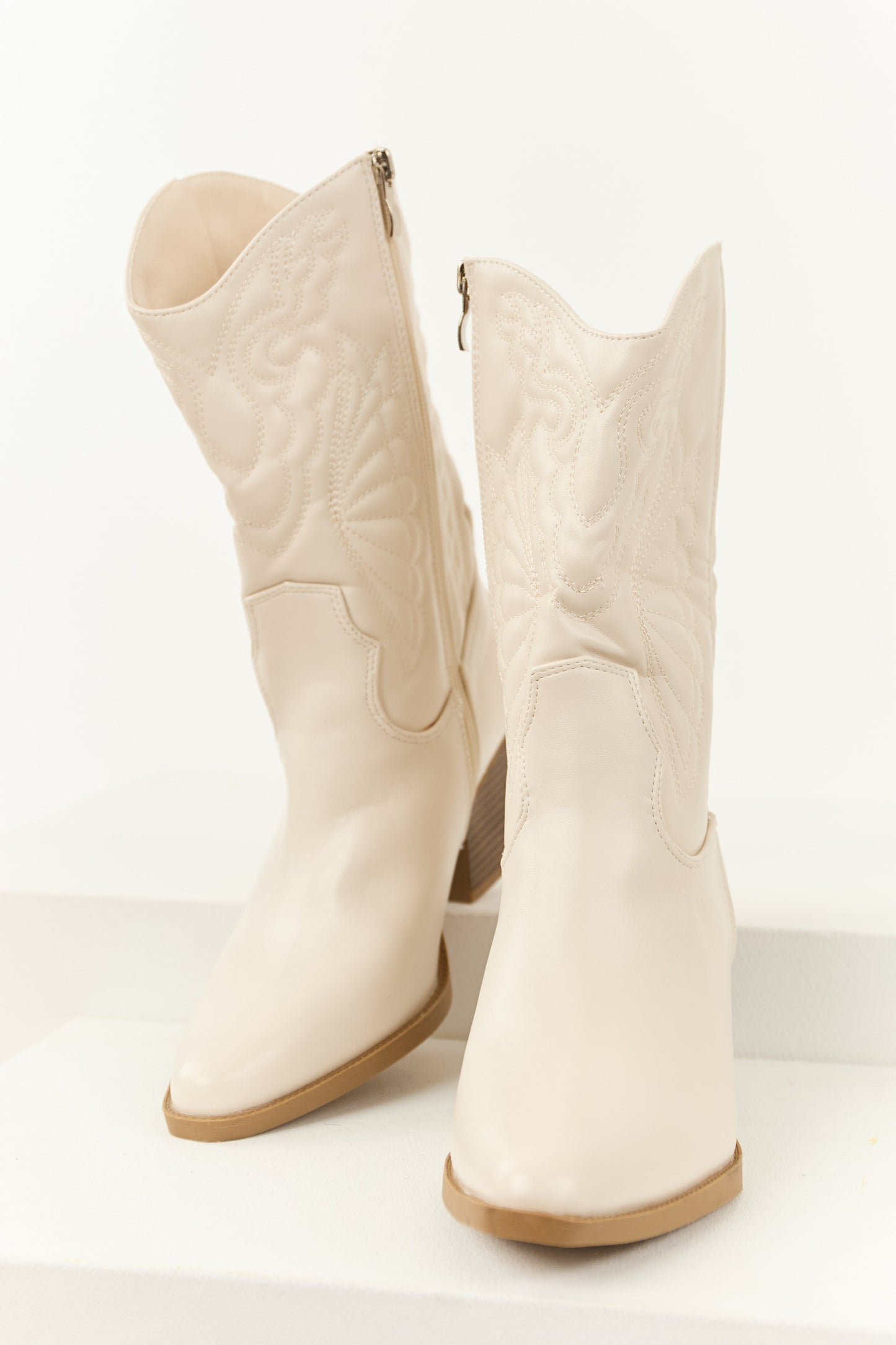 Ivory Faux Leather Block Heel Cowboy Boots