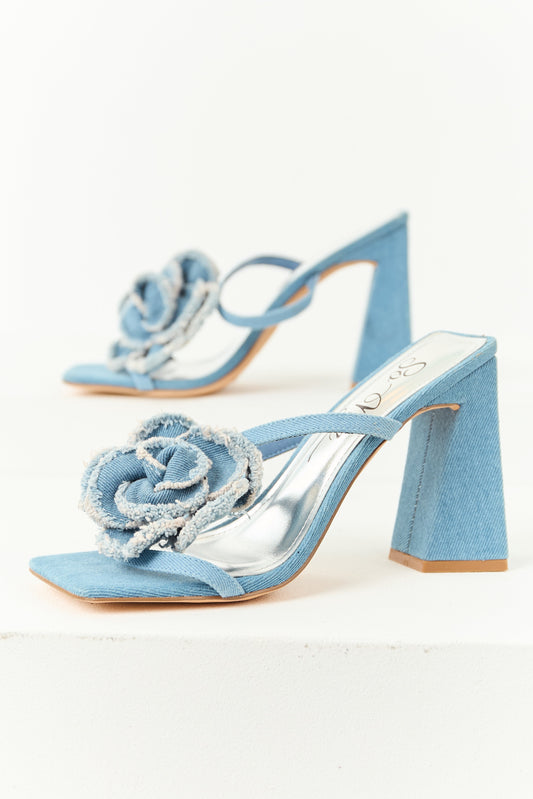 Medium Wash Denim Square Toe Flower Strap Heels