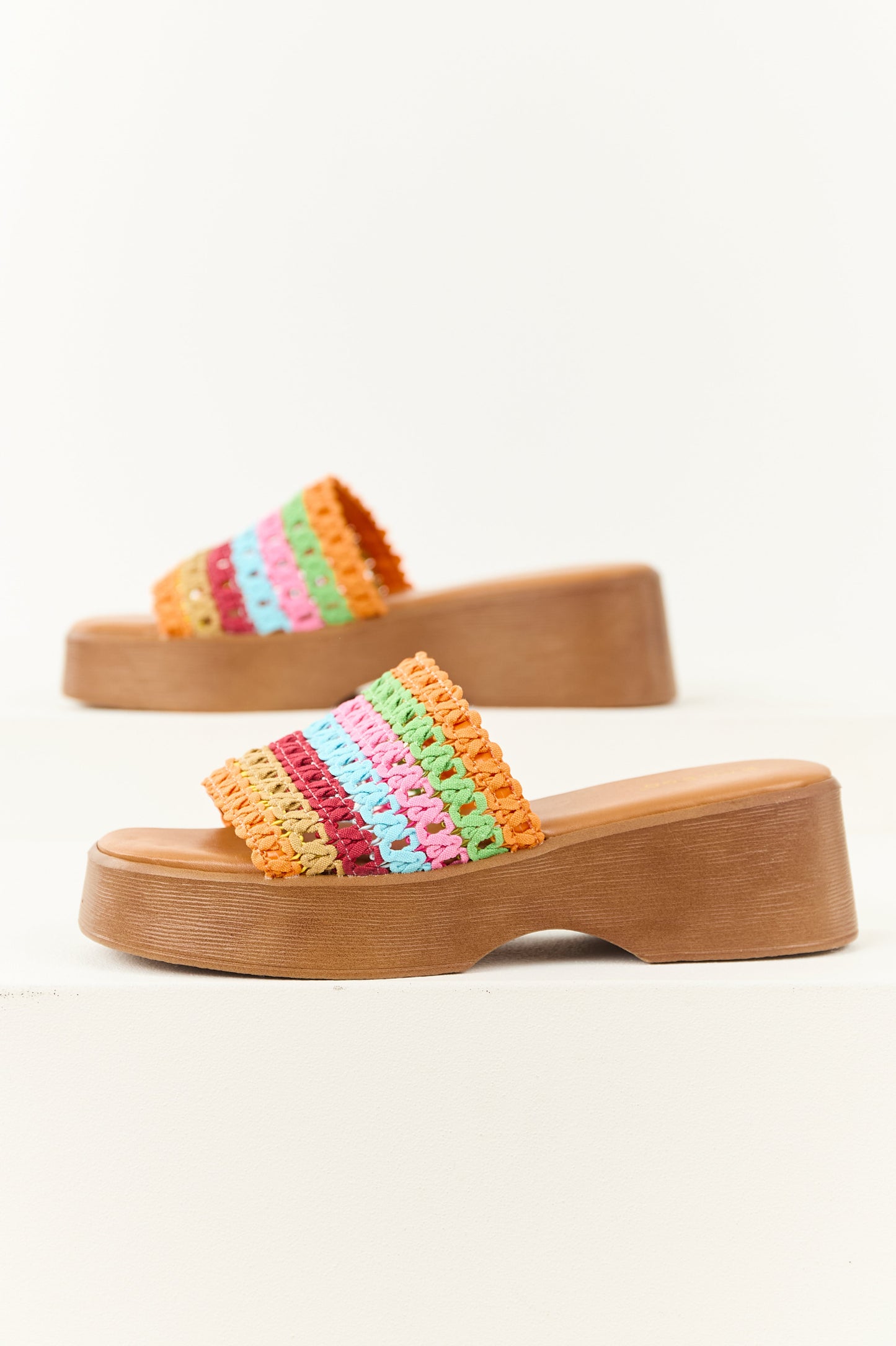 Multicolor Crochet Strap Platform Slip On Sandals