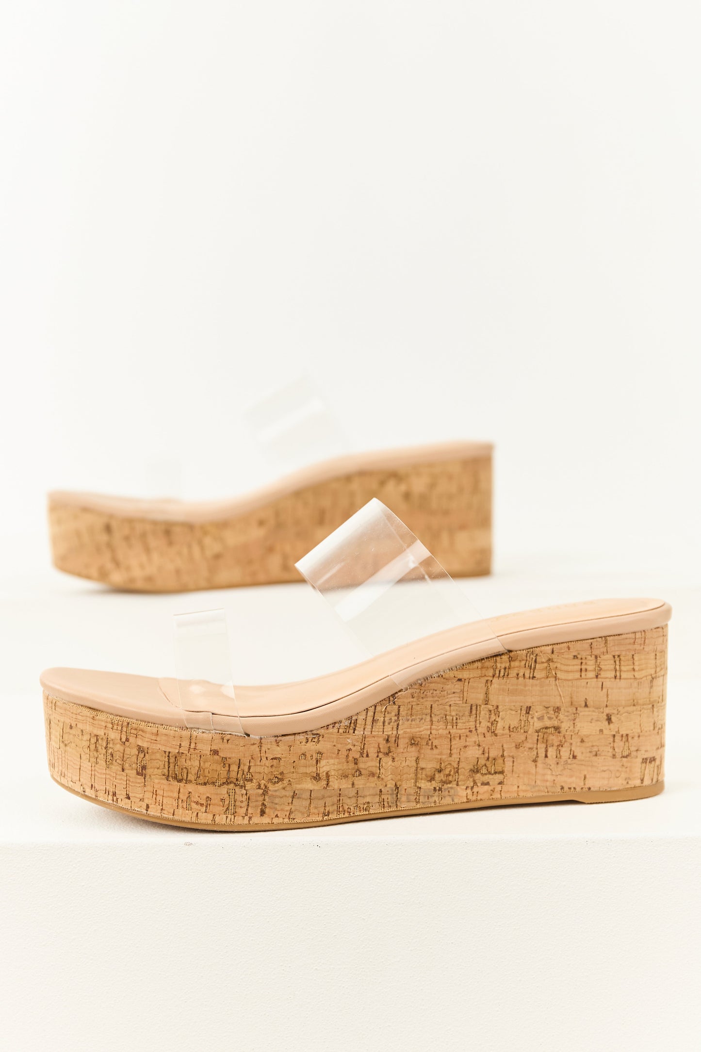 Nude Double Clear Strap Platform Cork Sandals
