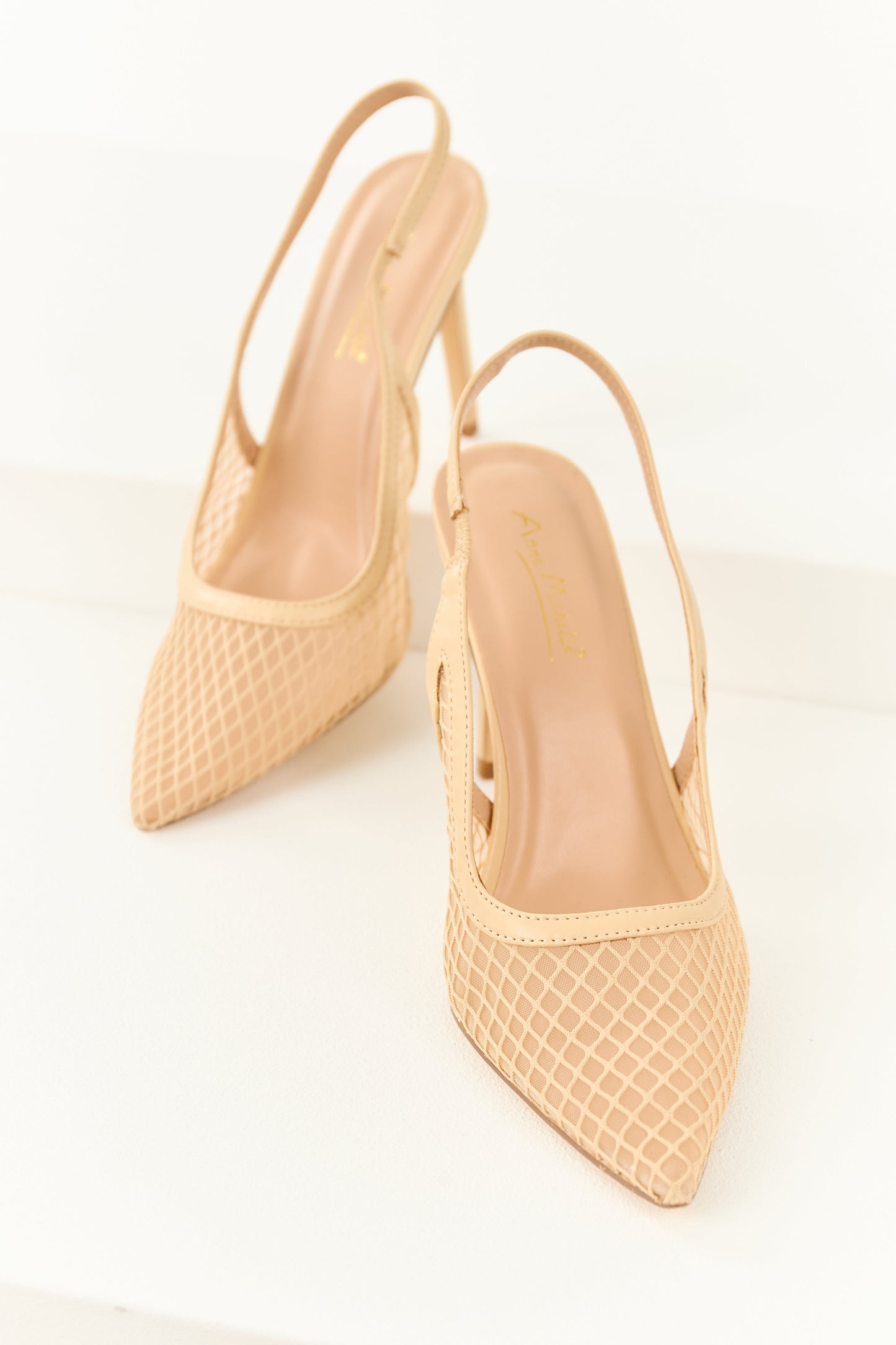 Nude Mesh Pointed Toe Slingback Stiletto Heels