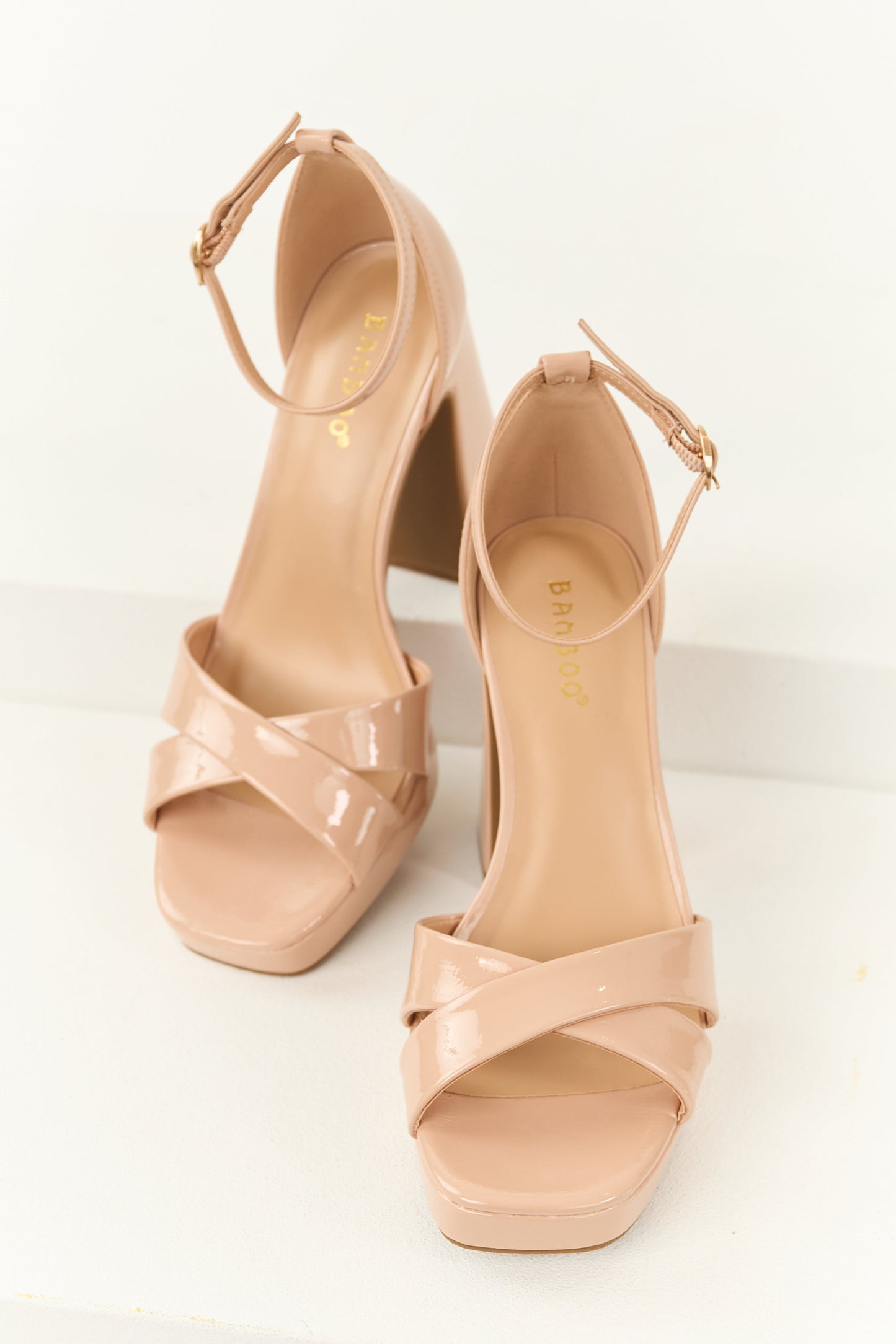 Nude Patent Faux Leather Platform Block Heels