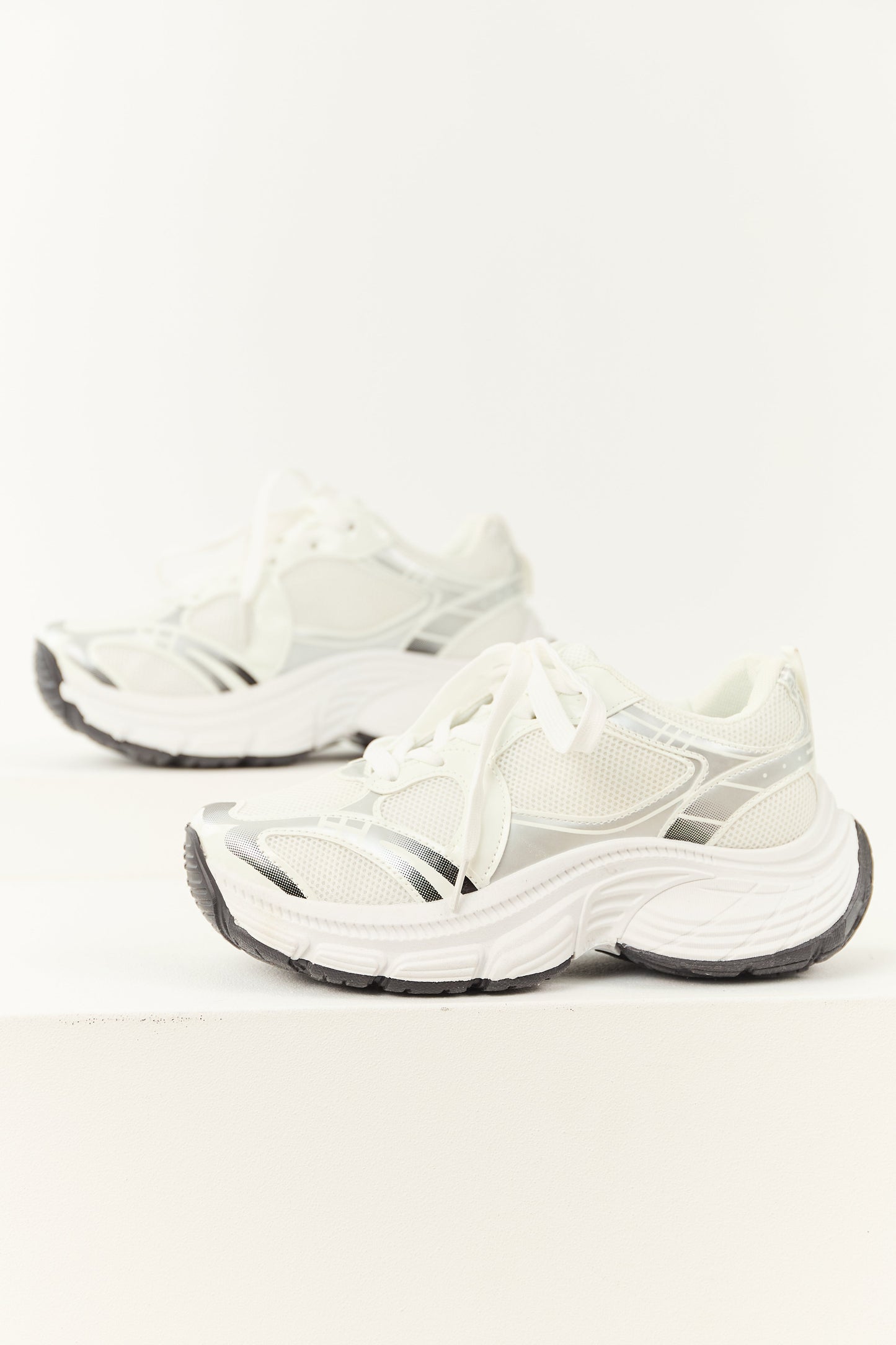 Off White Two Tone Lace Up Mesh Chunky Sneakers