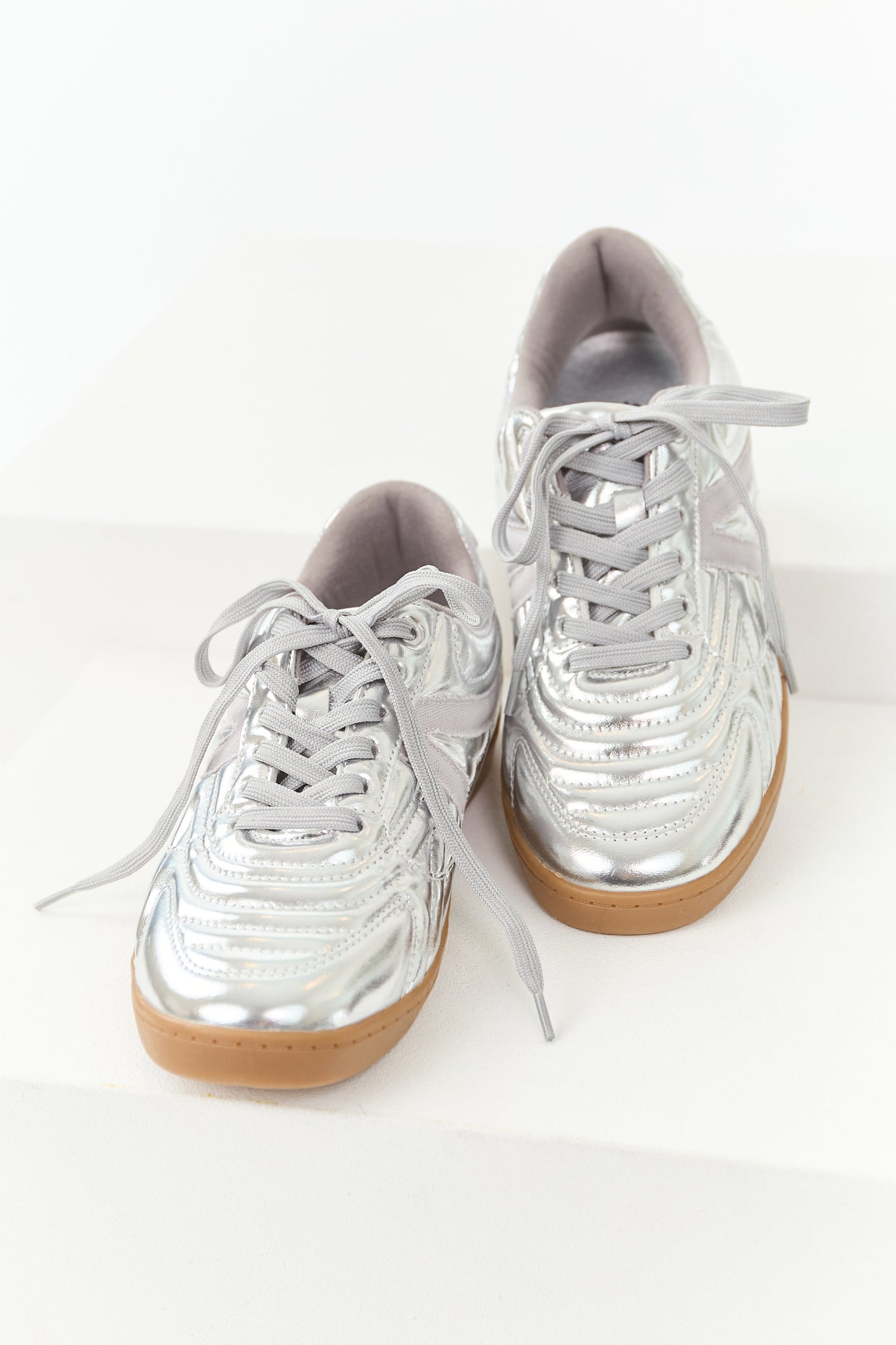 Silver Faux Leather Lace Up Low Top Sneakers
