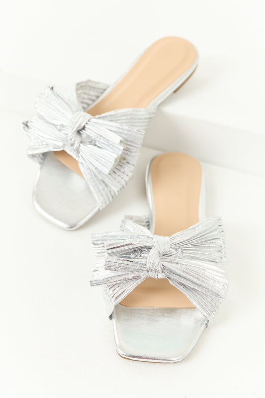 Silver Pleated Bow Ribbon Slip On Sandals