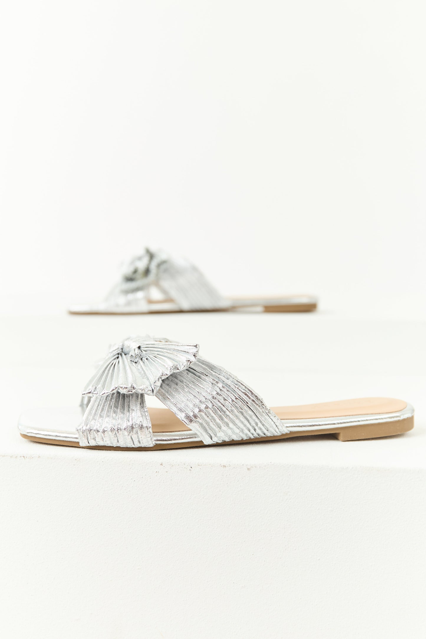 Silver Pleated Bow Ribbon Slip On Sandals