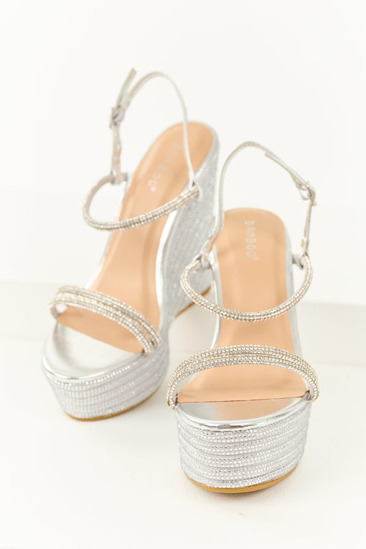 Silver Rhinestone Open Toed Platform Wedges