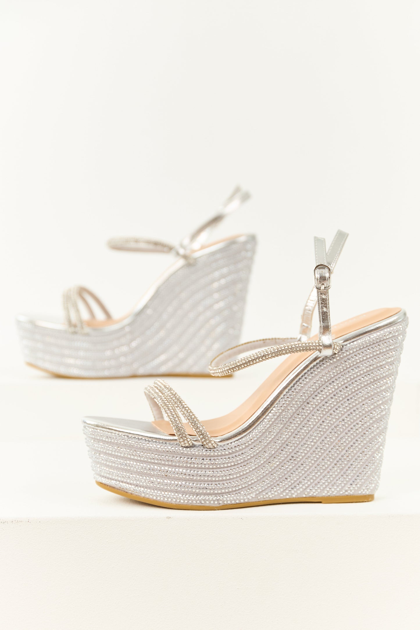 Silver Rhinestone Open Toed Platform Wedges