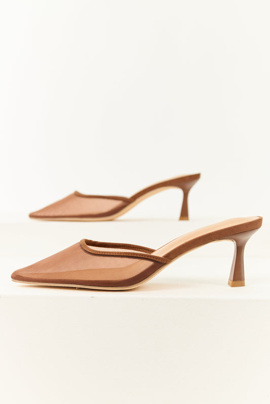 Spice Mesh Pointed Toe Faux Suede Trim Kitten Heels