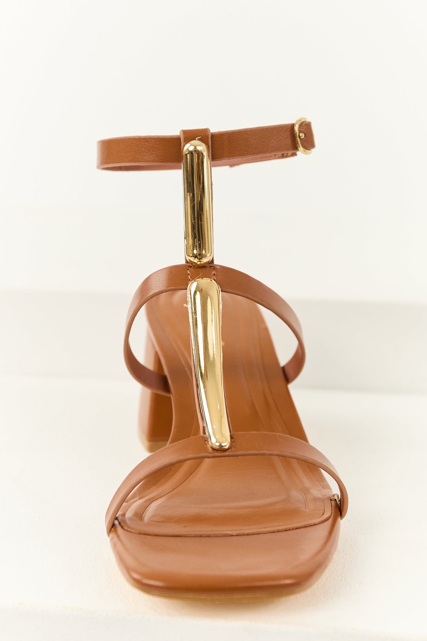 Spice T Strap Gold Accent Block Heels