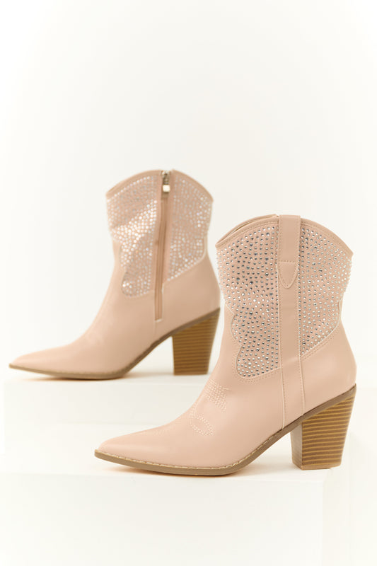 Pale Blush Rhinestone Embellished Western Booties