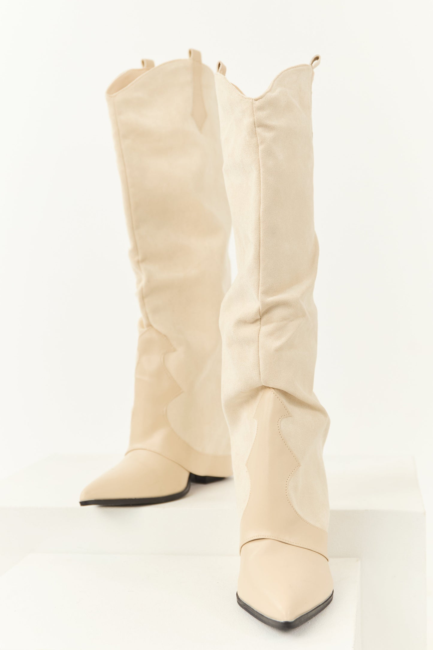 Vanilla Faux Suede Overlay Knee High Cowboy Boots