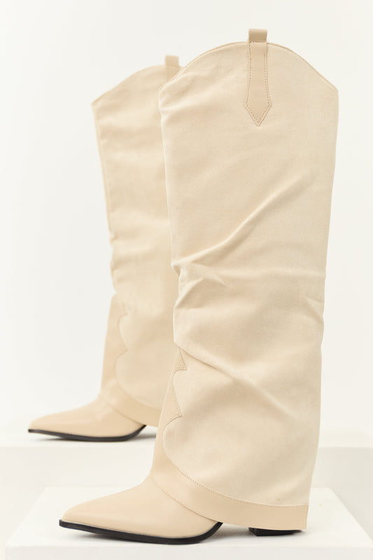 Vanilla Faux Suede Overlay Knee High Cowboy Boots