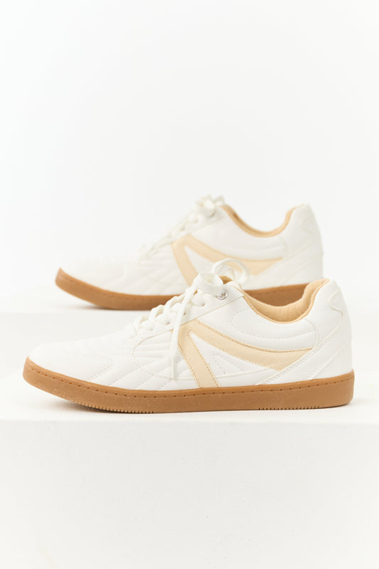 White Faux Leather Lace Up Low Top Sneakers